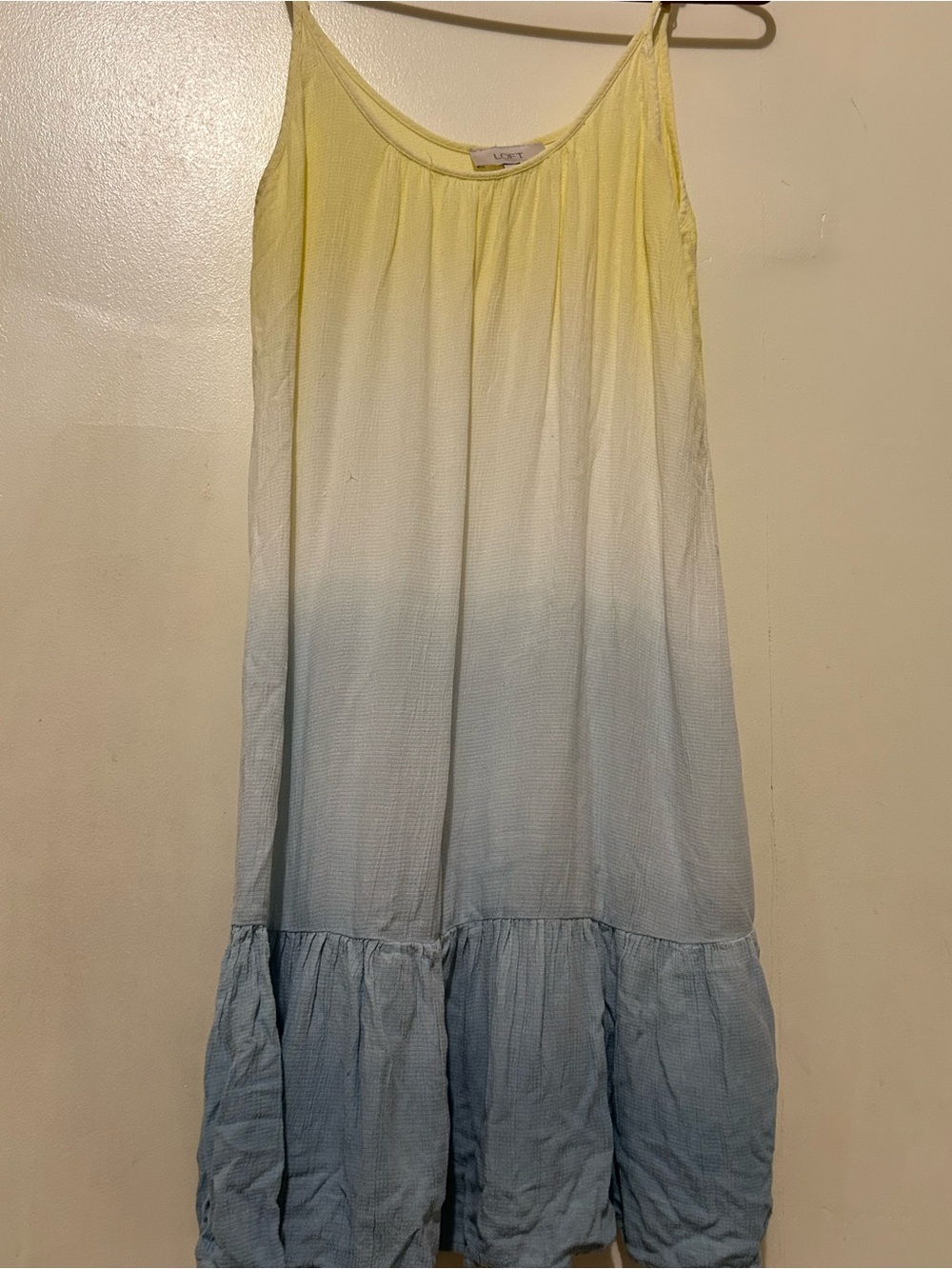 LOFT Yellow to Light Blue Ombré Adjustable Spaghetti Strap  Viscose Dress Sz S